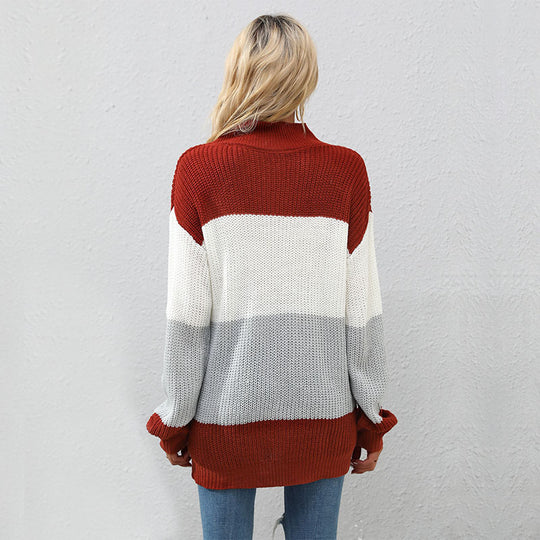 Damen Strickpullover mit Blockstreifen und Stehkragen Shop Nory