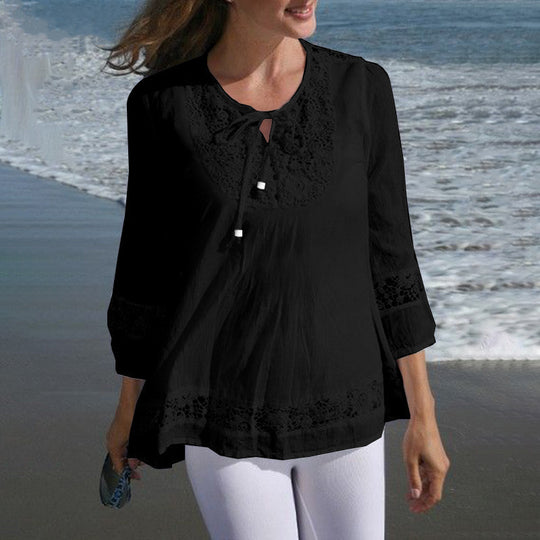 Damen Lässige Tunika-Bluse mit Häkelspitze, Bindekragen und dreiviertel Ärmeln Shop Nory