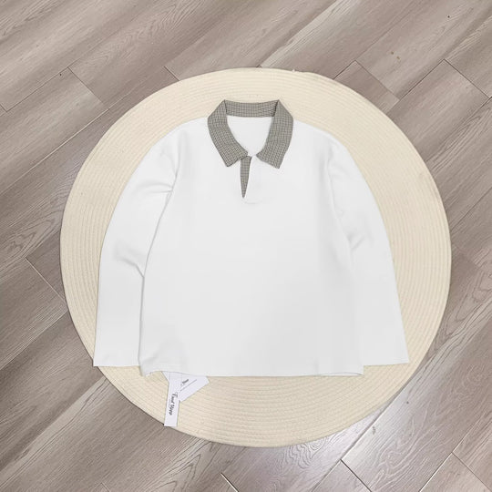 Damen Langärmeliges Polo-Shirt mit kontrastierendem Hahnentrittmuster Kragen Shop Nory