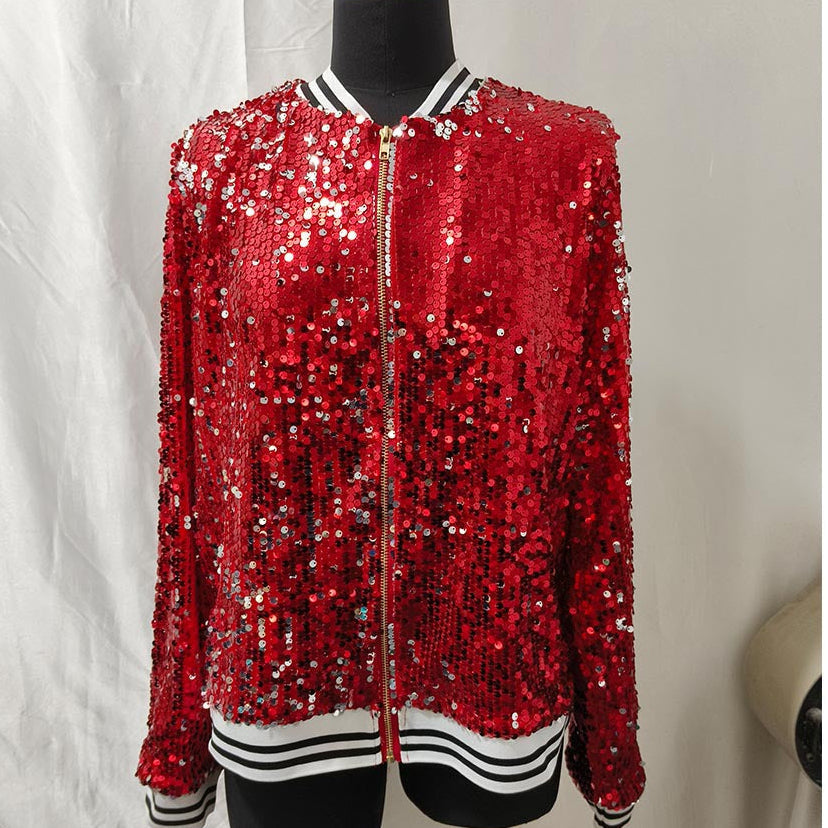 Damen Glamouröse Pailletten Bomberjacke