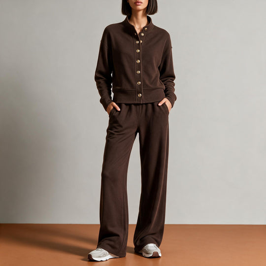 Damen Sweatjacke mit Druckknopfleiste, Stehkragen und weichem Lounge-Schnitt Shop Nory