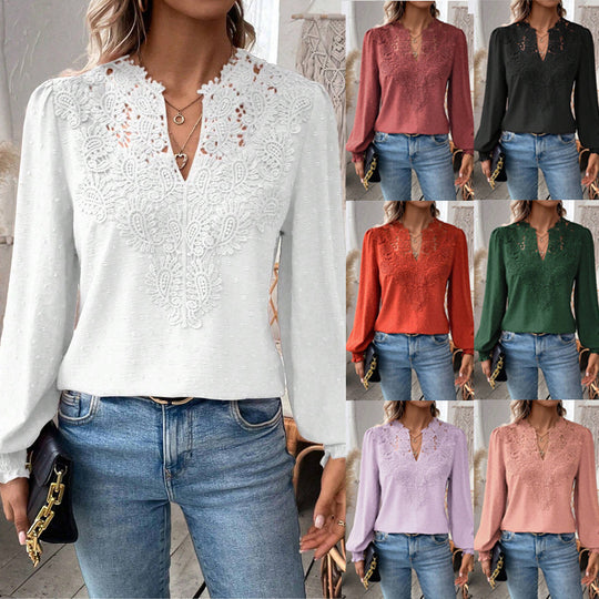 Damen Bluse mit Spitzen‑Plastron, V‑Ausschnitt und ballonartigen Ärmeln Shop Nory