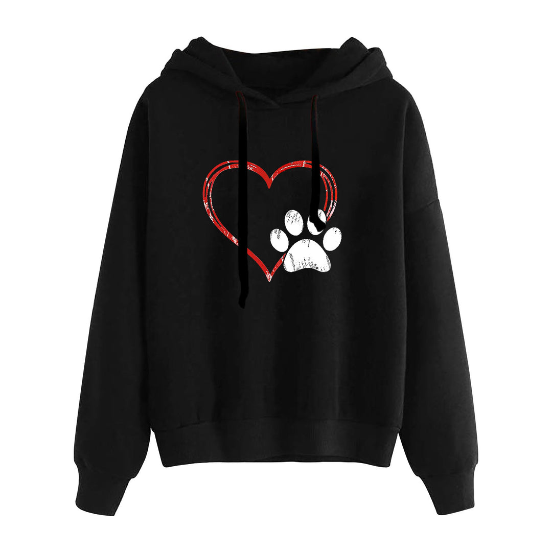 Damen nan lässiger Oversize Kapuzenpullover mit Herz‑und‑Pfotenprint, Kordelzug und gerippten Bündchen Shop Nory
