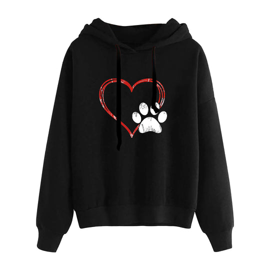 Damen nan lässiger Oversize Kapuzenpullover mit Herz‑und‑Pfotenprint, Kordelzug und gerippten Bündchen Shop Nory