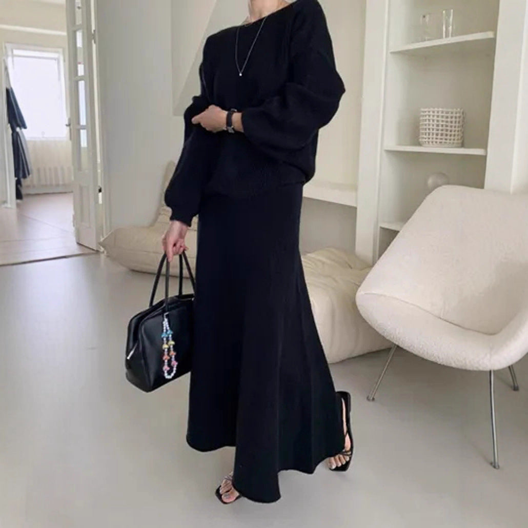Damen Strick-Set aus Oversize-Ripp-Pullover und fließendem Maxirock Shop Nory