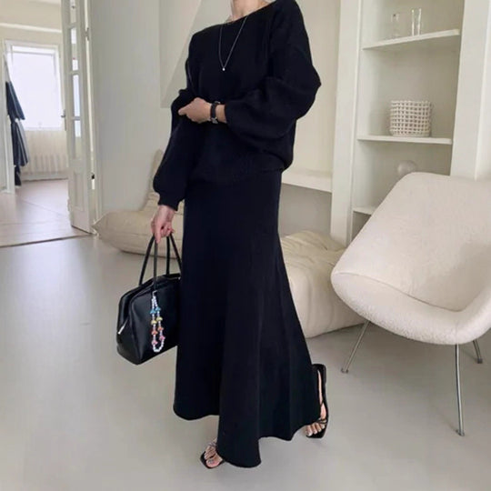 Damen Strick-Set aus Oversize-Ripp-Pullover und fließendem Maxirock Shop Nory