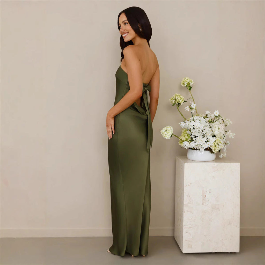 Damen Elegantes schulterfreies Maxikleid aus satinähnlichem Material Shopnory