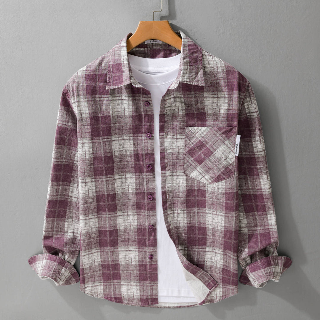 Herren Leichtes kariertes Layering-Overshirt aus Baumwoll‑Leinenmix mit diagonalem Brustpatch Shop Nory