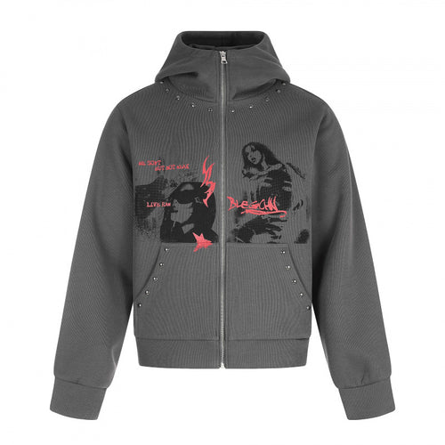 Unisex Oversize Kapuzen-Sweatjacke mit durchgehendem Reißverschluss, Nietenbesatz und grafischem Frontprint Shop Nory