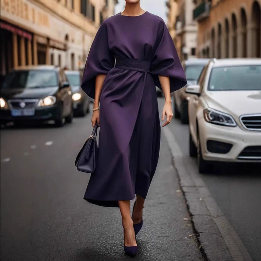 Damen Maxi-Kleid mit voluminösen Ärmeln und elegantem Drapierungsdesign