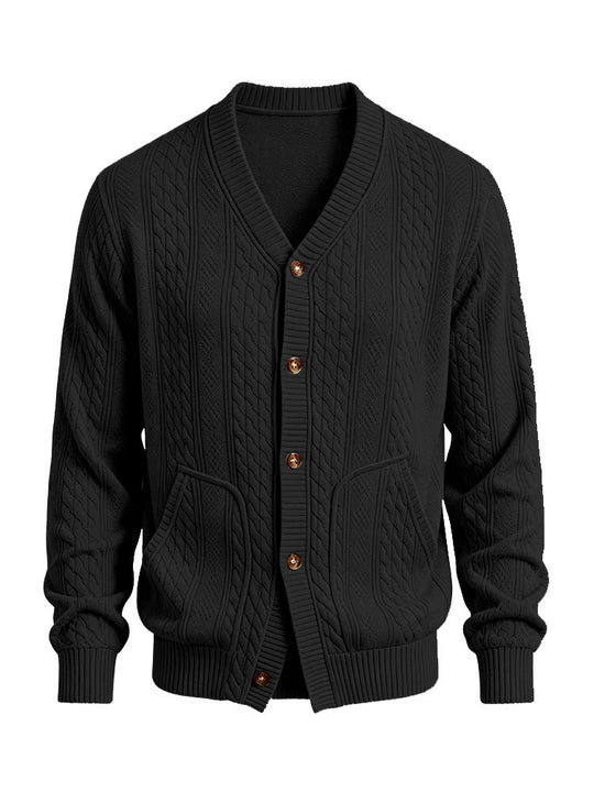 Herren Gestrickte Strickjacke mit Zopfmuster, V‑Ausschnitt und aufgesetzten Taschen Shop Nory