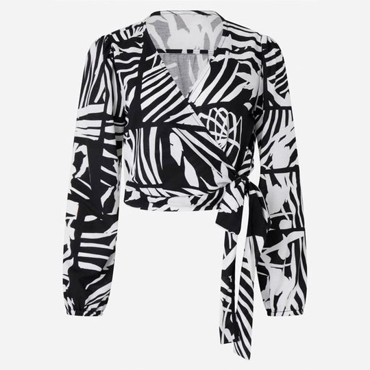 Damen kurze Wickelbluse mit V-Ausschnitt und tailliertem Bindegürtel Shop Nory