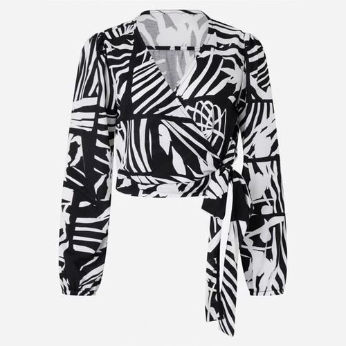 Damen kurze Wickelbluse mit V-Ausschnitt und tailliertem Bindegürtel Shop Nory