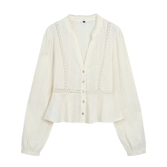 Damen Romantische Spitzenbluse mit Häkelbordüren und figurbetonter Taillennaht Shop Nory