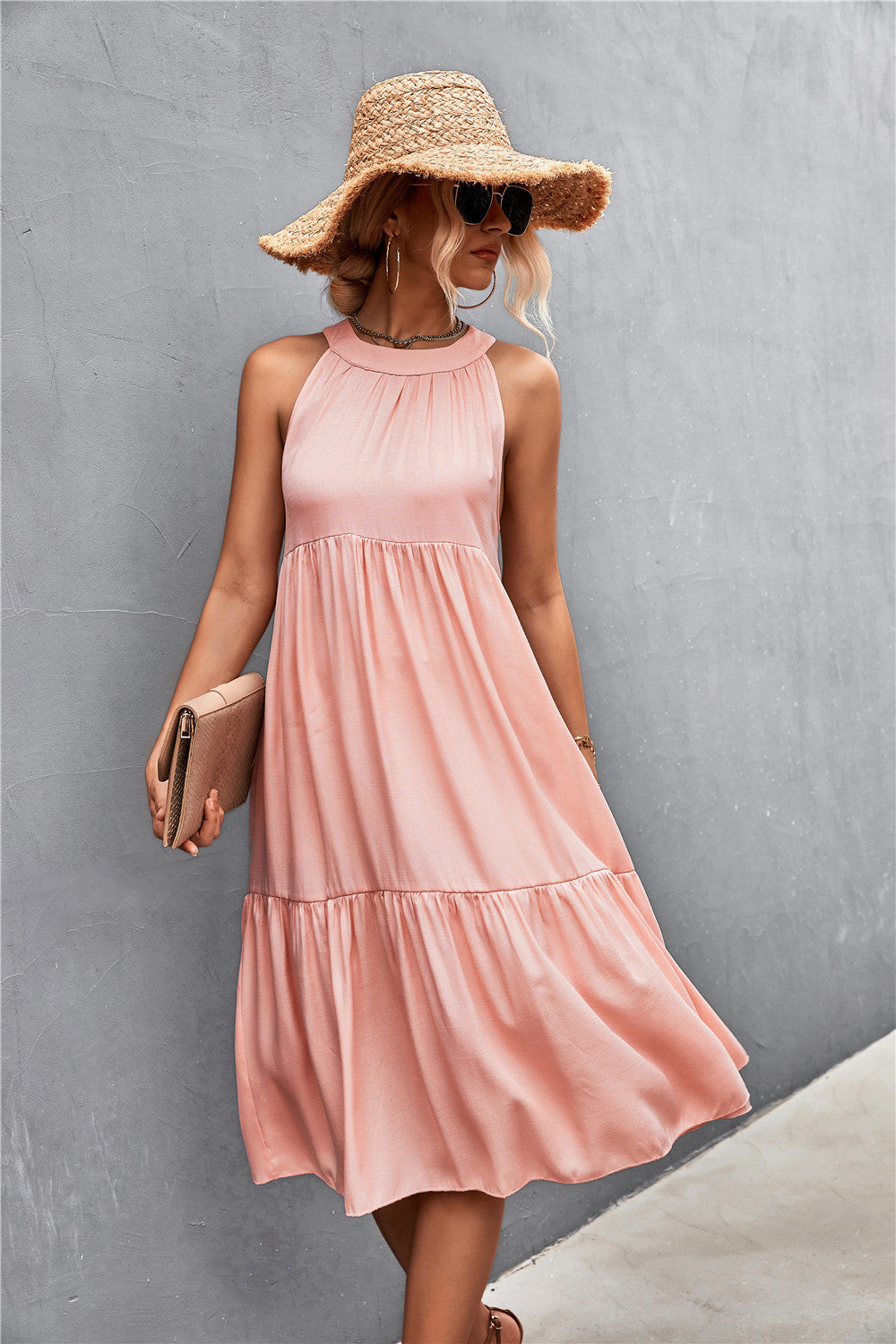 Damen luftiges Sommerkleid mit schwingendem Rock und hohem Hals Shopnory