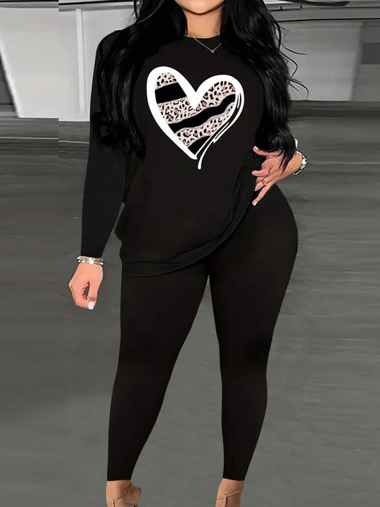 Damen Zweiteiler Lounge-Set mit Herz-Print Sweatshirt und High-Waist Leggings Shop Nory