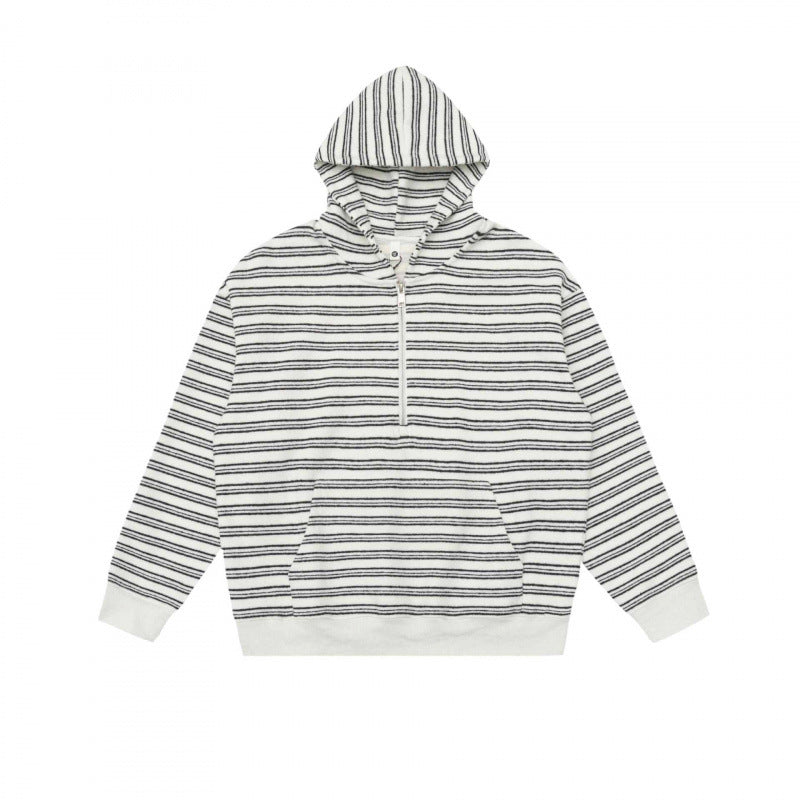 Unisex Oversize-Kapuzenpullover mit halbem Reißverschluss, Streifenmuster und Kängurutasche Shop Nory