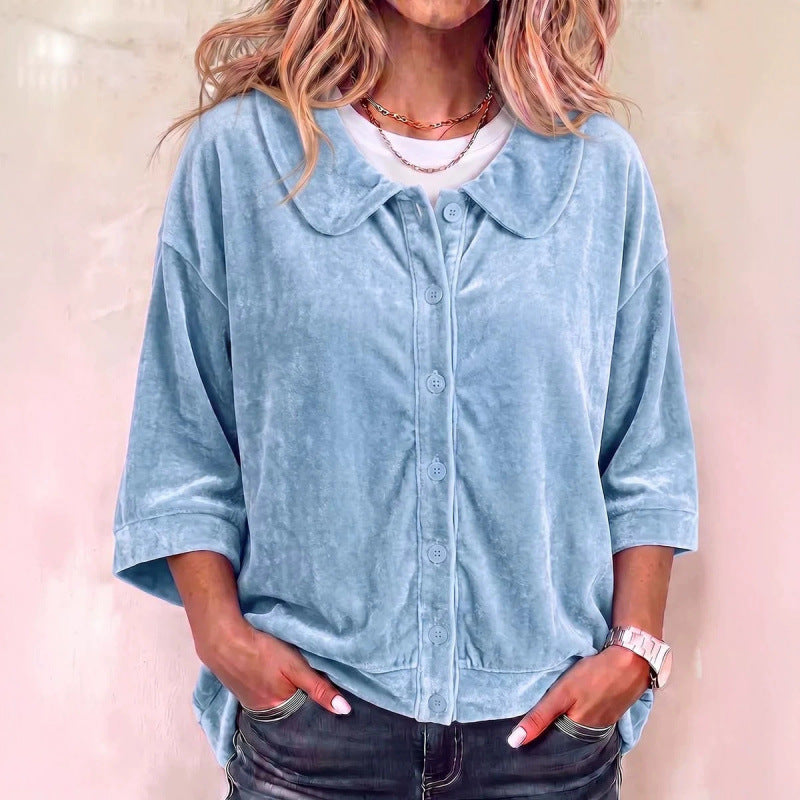 Damen Samt-Button-Down-Hemdbluse mit abgerundetem Kragen Shop Nory