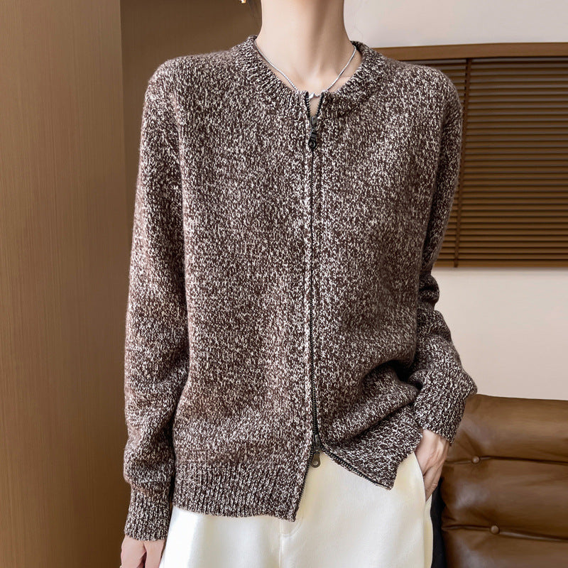 Damen Melierter Reißverschluss-Cardigan mit Zwei-Wege-Zipper und gerippten Bündchen Shop Nory