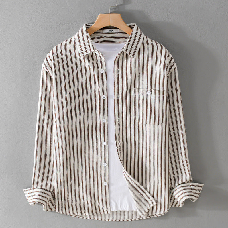 Herren Leichtes gestreiftes Layering-Overshirt aus Leinen-Baumwollmix mit Brusttasche und abgerundetem Saum Shop Nory