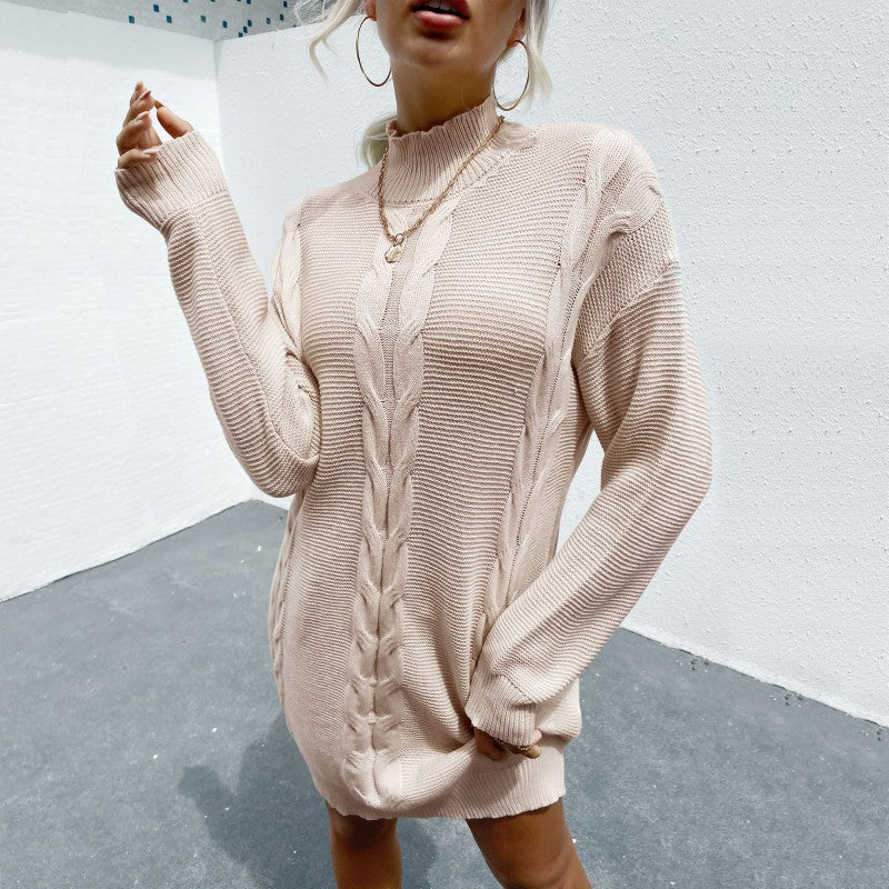 Damen kaschierendes Strickkleid mit Zopfmuster und Stehkragen Shop Nory