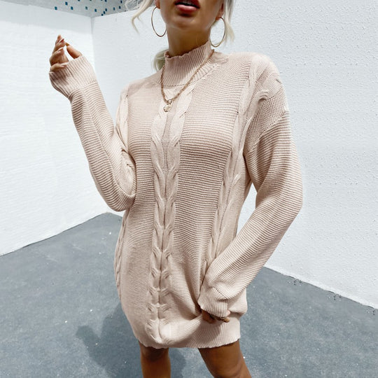 Damen kaschierendes Strickkleid mit Zopfmuster und Stehkragen Shop Nory