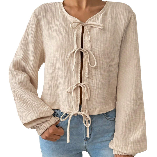 Damen kurz geschnittene Musselinbluse mit Knotenverschlüssen und Ballonärmeln Shop Nory