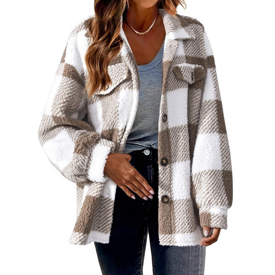 Damen Karierte Teddy‑Hemdjacke im Oversize‑Shacket‑Stil Shop Nory