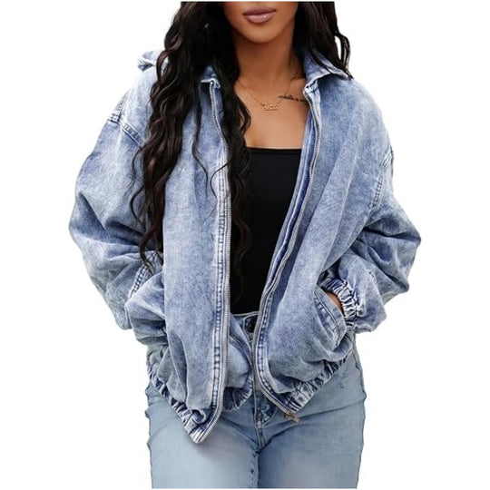 Damen Oversize Jeansjacke mit Kapuze, Reißverschluss und gerafftem Saum Shop Nory