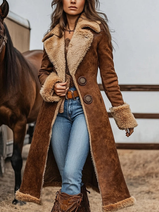 Damen Langer Veloursleder‑Look Mantel mit Lammfell‑Imitatfutter und dekorativer Doppelknopfleiste Shop Nory