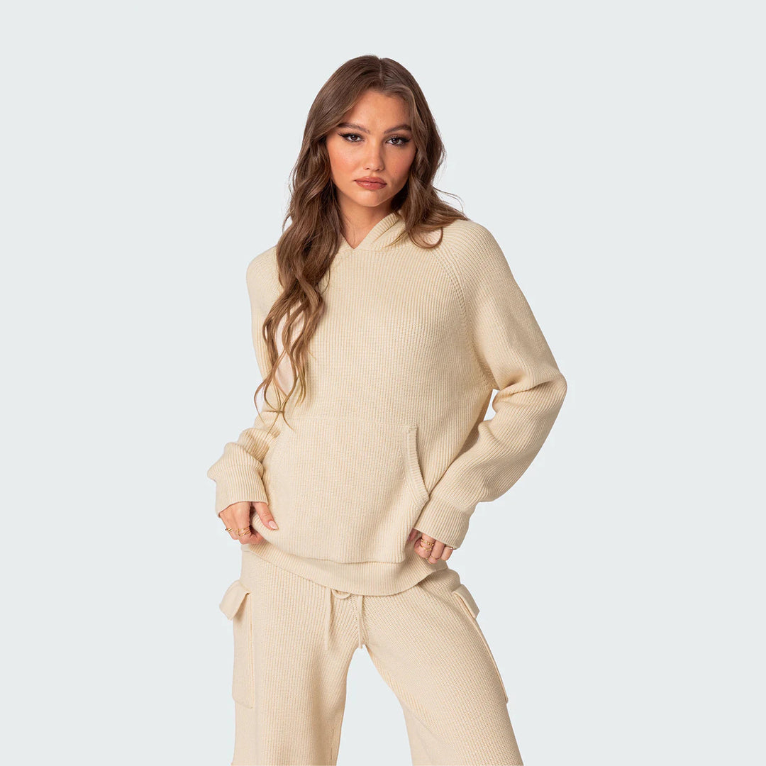Damen geripptes Strick-Loungewear-Set mit Kapuzenpullover und Cargo-Hose Shop Nory