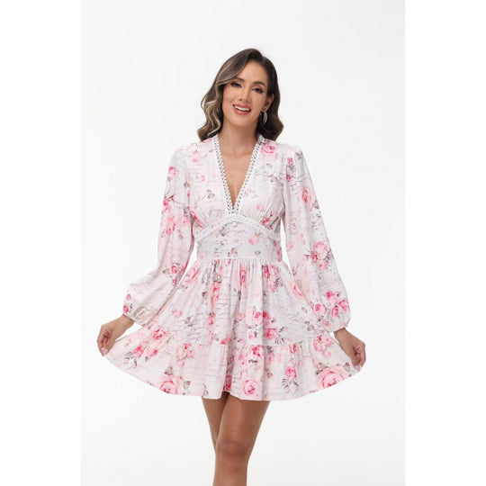 Damen Boho-florales Minikleid mit V-Ausschnitt und Puffärmeln Shop Nory