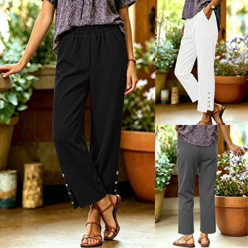 Damen Locker geschnittene High‑Waist Freizeithose mit Elastikbund und Zier‑Druckknopfleiste am Bein Shop Nory