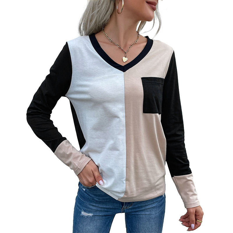 Damen Elegantes Colorblock-Langarmshirt mit V‑Ausschnitt und Brusttasche Shop Nory