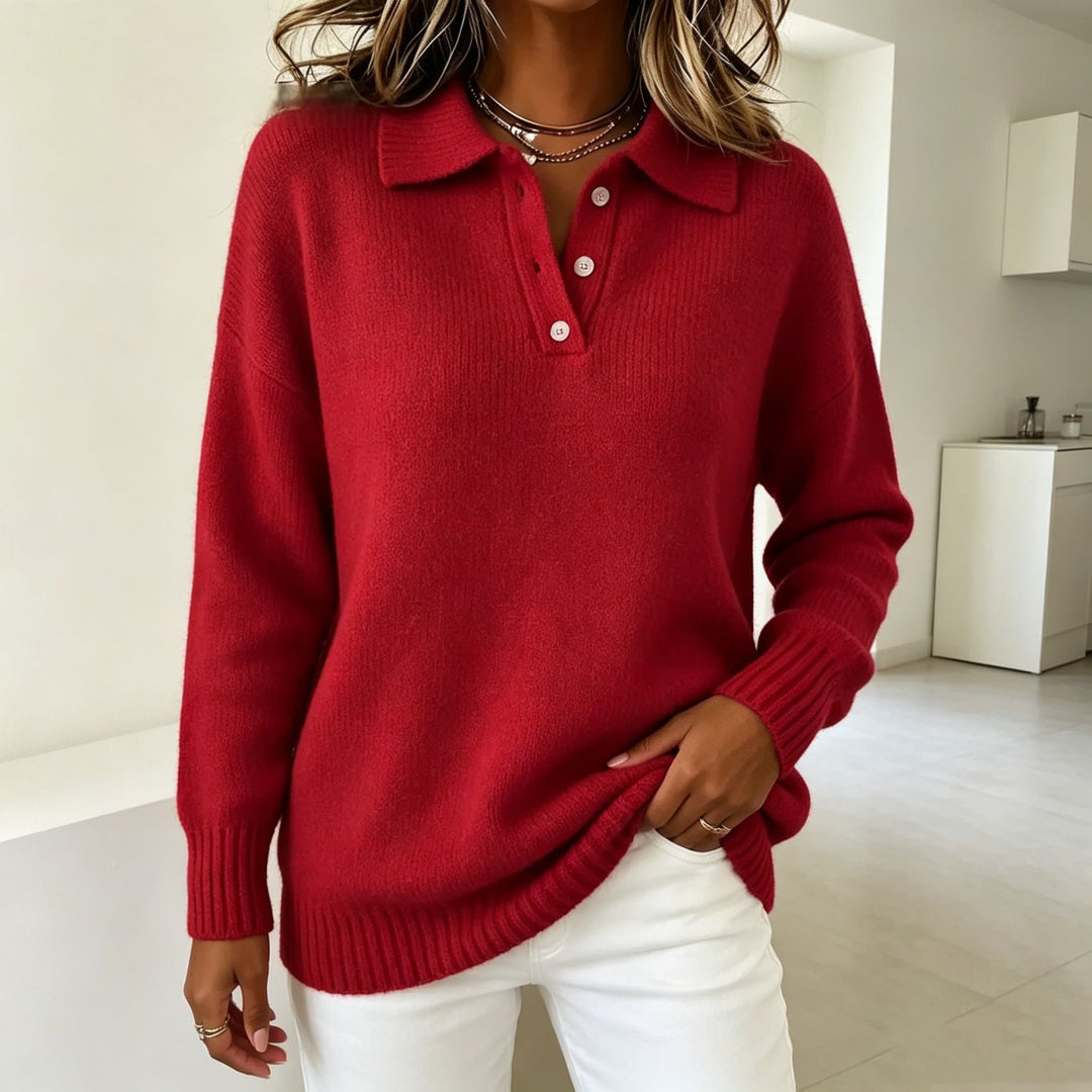 Damen Polokragen-Feinstrickpullover mit Knopfleiste und gerippten Bündchen Shop Nory