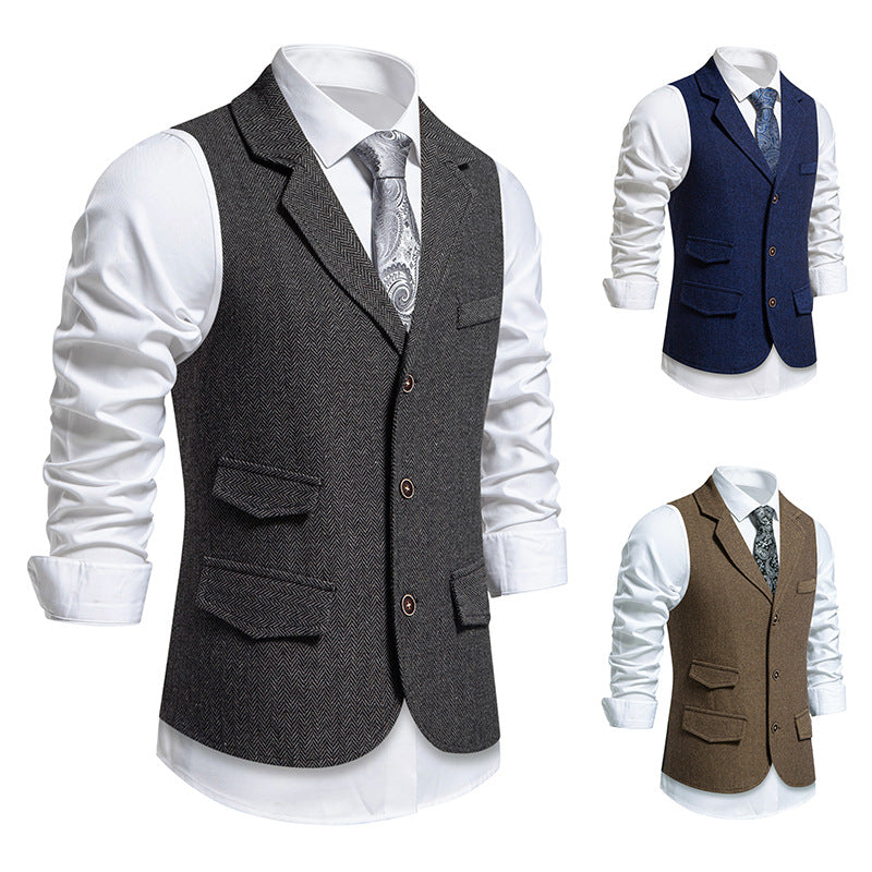 Herren Tweed-Weste mit Fischgrätstruktur, Reverskragen und Pattentaschen Shop Nory