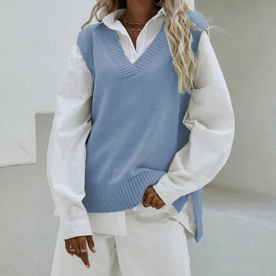 Damen Ärmellose Strickweste mit V-Ausschnitt und seitlichen Schlitzen Shop Nory