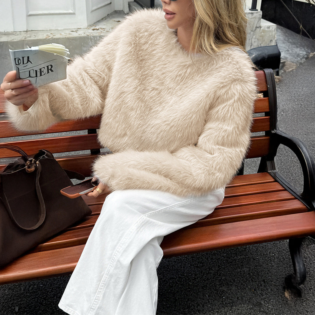 Damen nan kuscheliger Cropped-Faux-Fur-Pullover mit ausgestellten Ärmeln Shop Nory