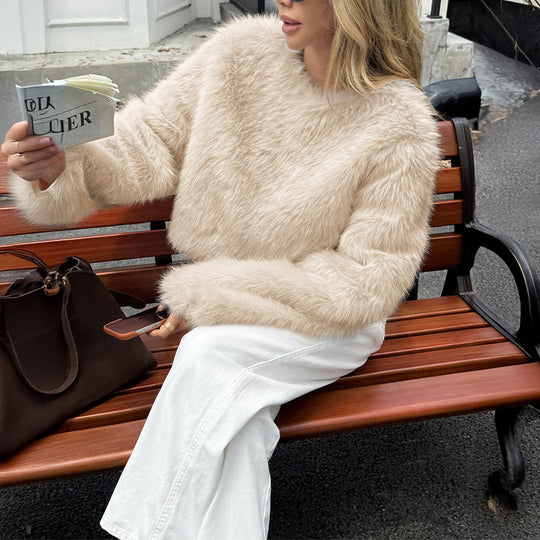Damen nan kuscheliger Cropped-Faux-Fur-Pullover mit ausgestellten Ärmeln Shop Nory