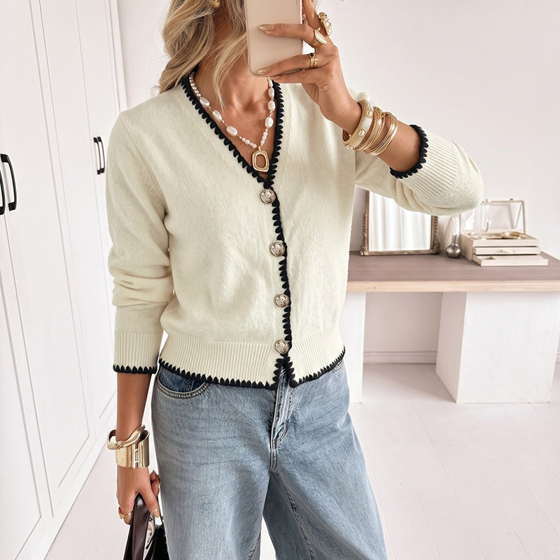 Damen Feingestrickter V‑Ausschnitt‑Cardigan mit kontrastierender Zierkante und Zierknöpfen Shop Nory