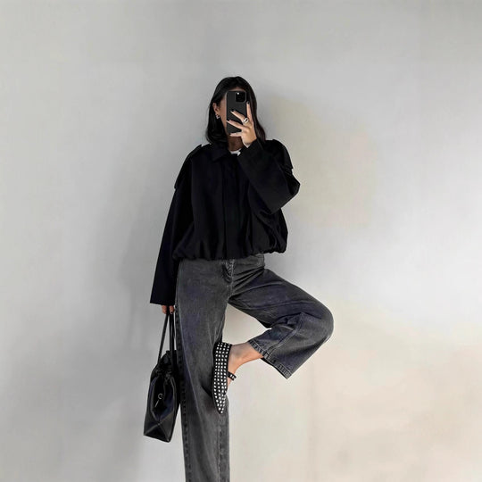 Damen Kurzjacke im Oversize‑Schnitt mit Ballon Saum und Schulterklappen Shop Nory