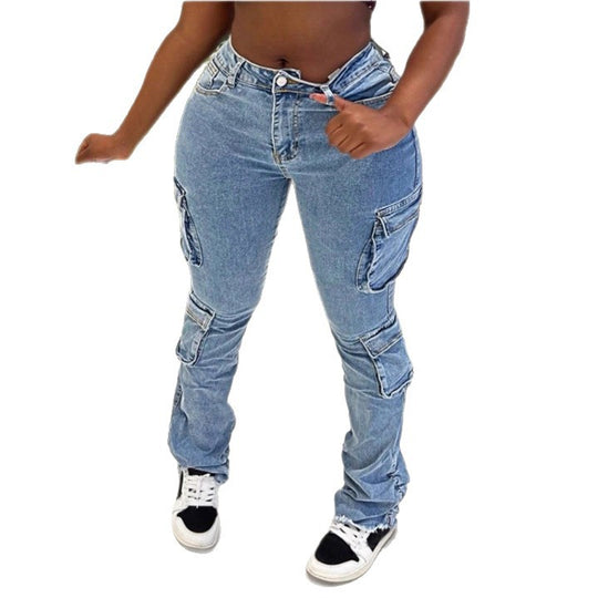 Damen Hochgeschnittene Cargo-Jeans mit mehreren Pattentaschen und ausgefranstem Saum Shop Nory
