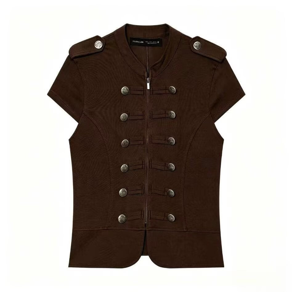Damen Kurzärmelige militärisch-inspirierte Weste mit Zierriegeln und Metallknöpfen Shop Nory
