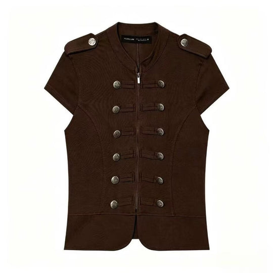Damen Kurzärmelige militärisch-inspirierte Weste mit Zierriegeln und Metallknöpfen Shop Nory