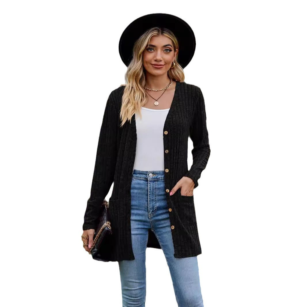Damen nan langer gerippter Strickcardigan mit Eingrifftaschen und Holzknöpfen Shop Nory