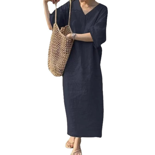 Damen Lässiges Leinen-Maxikleid mit V-Ausschnitt und Oversize-Relax-Fit Shop Nory
