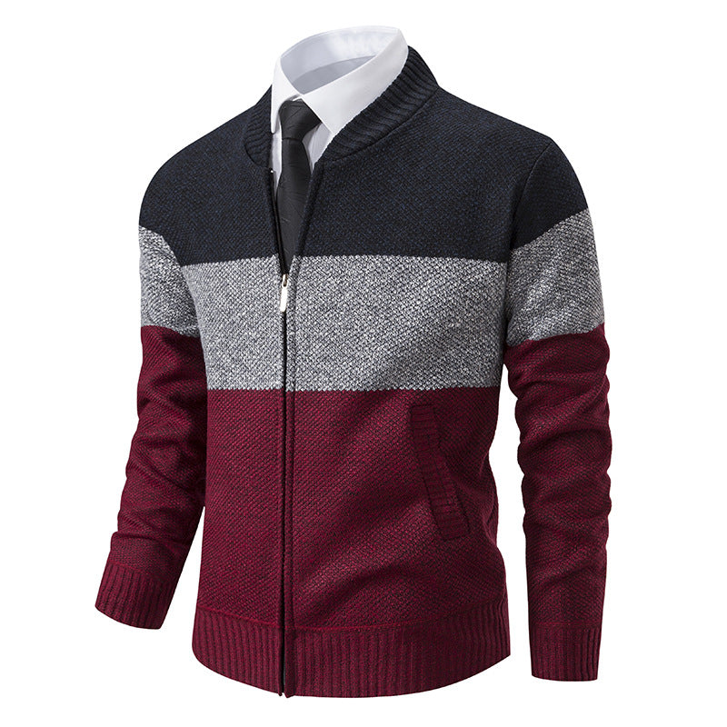 Herren Strukturierte Blockstreifen‑Strickjacke mit Frontzip, Stehkragen und Eingrifftaschen Shop Nory
