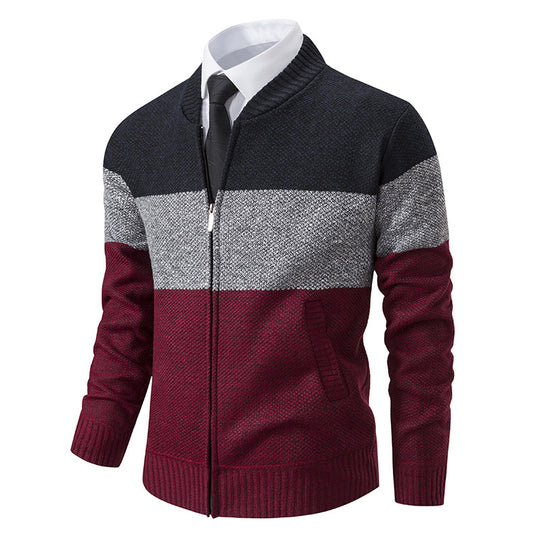 Herren Strukturierte Blockstreifen‑Strickjacke mit Frontzip, Stehkragen und Eingrifftaschen Shop Nory