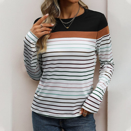 Damen Langärmliges gestreiftes Shirt mit Colorblock‑Schulter und Rundhalsausschnitt Shop Nory