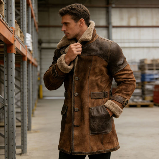 Herren Langer Shearling-Mantel aus Wildleder mit Lederbesatz Shop Nory